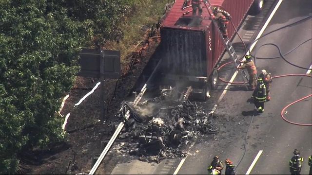 Sky 5 flies over tractor-trailer fire on I-85 near Butner