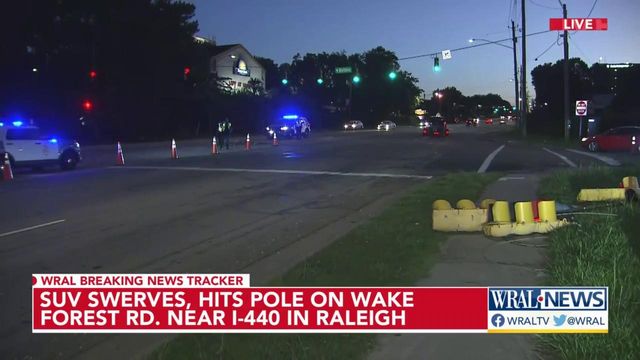 SUV swerves, hits pole on Wake Forest Road near I-440 in Raleigh
