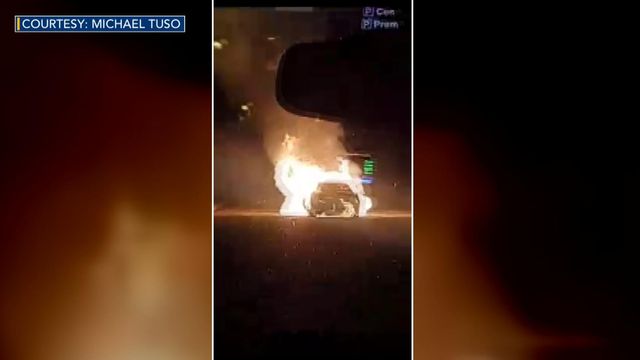 Raw: Video shows car in flames near RDU