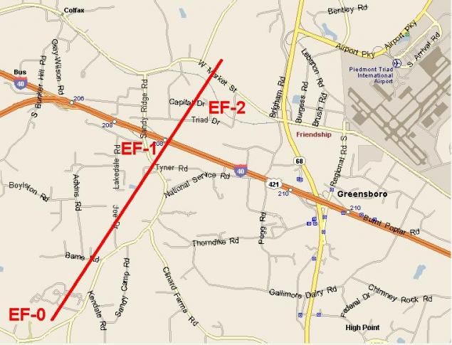 Greensboro Tornado Track - May 8, 2008