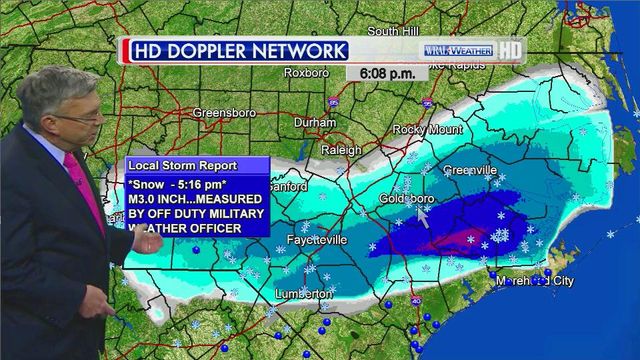 WRAL Chief Meteorologist Greg Fishel shows where snow fell on Tuesday