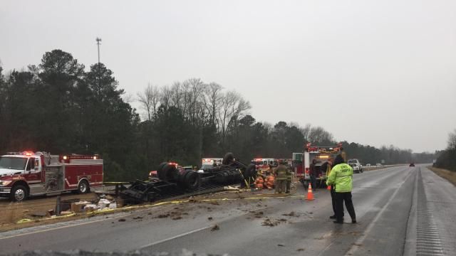 Overturned truck on I-40