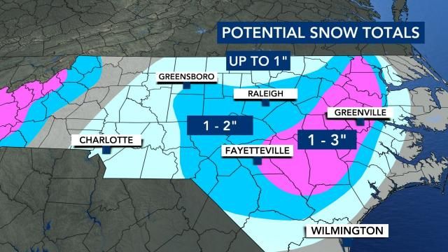 WRAL 'Potential Snow Total' graphic – Valid for Thursday 6 PM – Friday 6 AM