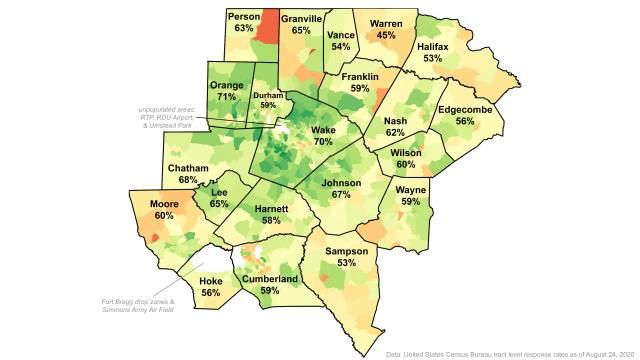 Central North Carolina 2020 Census Response Rates