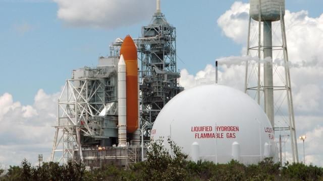 Spherical liquid hydrogen tank near NASA's launch pads in Florida.