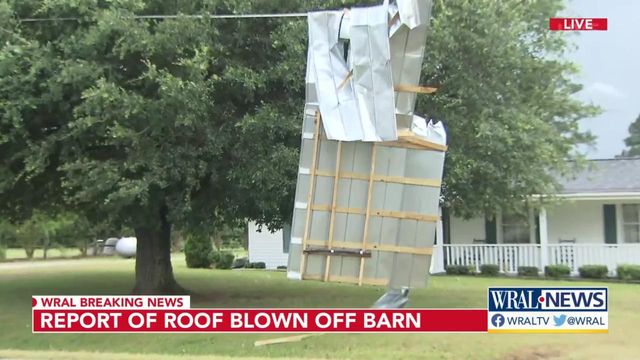 Straight-line winds blow roof off barn in Angier 