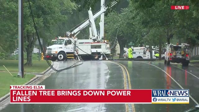 Fallen tree brings down power line on Glen Eden Drive in Raleigh 