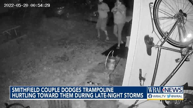 Smithfield couple dodges tramploline hurling toward them during late night storms