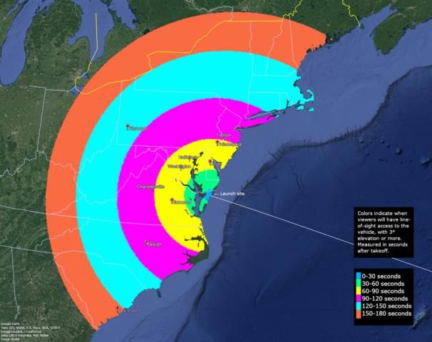 Visibility of the Jan 24 rocket aunch from Wallops Flight Facility in Virginia