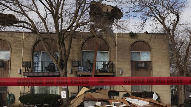 An apartment complex shows significant damages following overnight storms, Wednesday, Feb. 28, 2024, in Mundelein, Illinois. (Stacey Wescott/Chicago Tribune) An apartment complex shows significant damages following overnight storms, Wednesday, Feb. 28, 2024, in Mundelein, Illinois. (Stacey Wescott/Chicago Tribune)