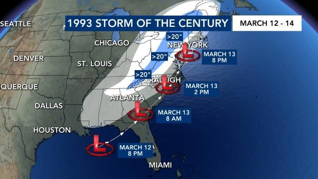 1993 Storm of the Century snowfall totals for the east coast