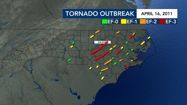 Map of tornado outbreak on April 16, 2011