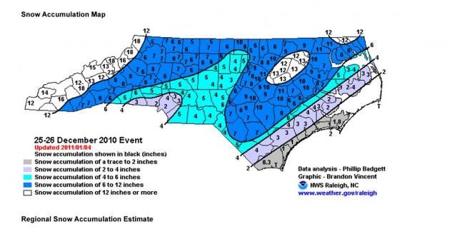 NWS Raleigh map of observed snow totals in North Carolina from 12/25 to 12/26/2010