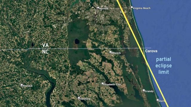 March 29, 2025 partial Solar Eclipse VA/NC map