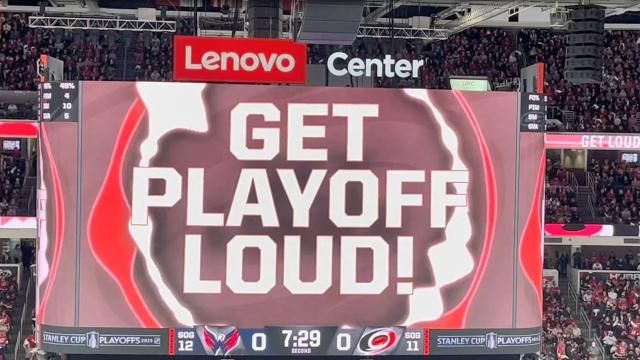 "Get Playoff Loud" on the jumbotron at the Lenovo Center