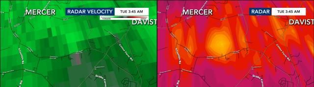 Tornado debris signature near Pinetops around 3:42 a.m. Tuesday
