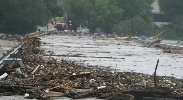 Water rises from severe flooding along the Guadalupe River.in Kerr County, Texas on Friday, July 4, 2025. (KSAT via AP)