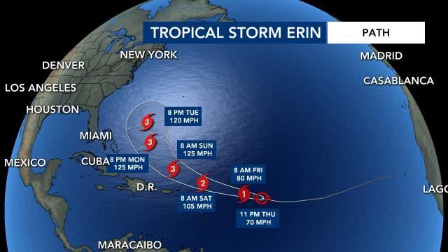 Path for Tropical Storm Erin as of 11 p.m. on Aug. 14, 2025
