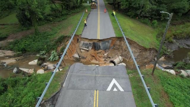 Drone flies over dam collapse in Cumberland County