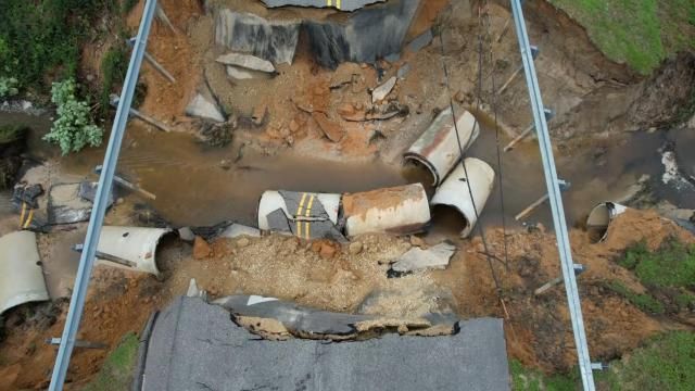 Drone flies over dam collapse in Cumberland County