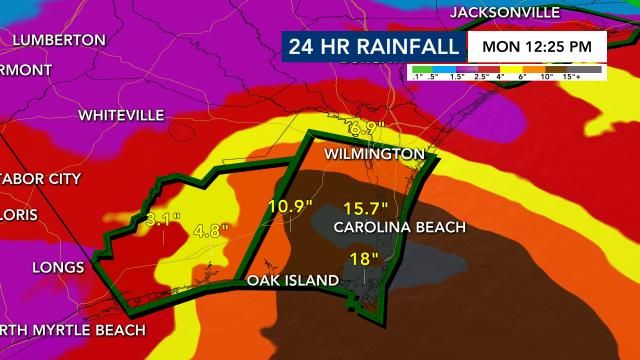 Rainfall totals at NC coast, updated 1 p.m. on Sept. 16, 2024