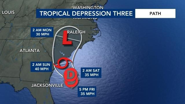 Tropical Depression 3 path as of 5 p.m. Friday, July 4, 2025.