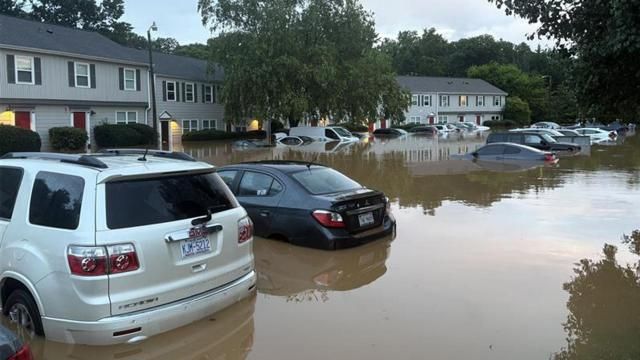 Rafts used to rescue people from flooded apartments in Durham County