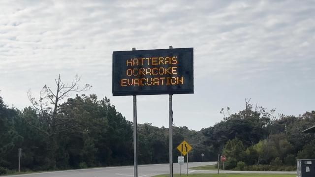 A sign showing mandatory evacuations for Hatteras Island and Ocracoke Island.