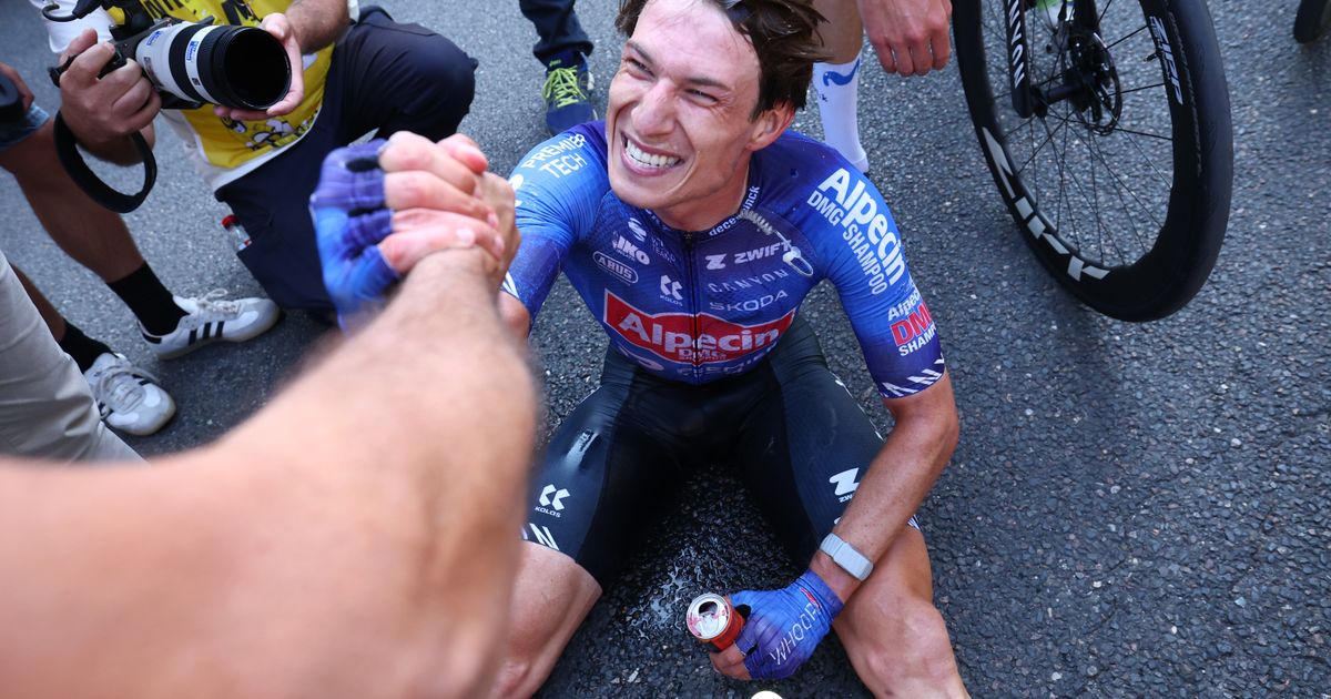 Belgium's Jasper Philipsen reacts after winning the seventeenth stage of the Tour de France cycling race, with start in