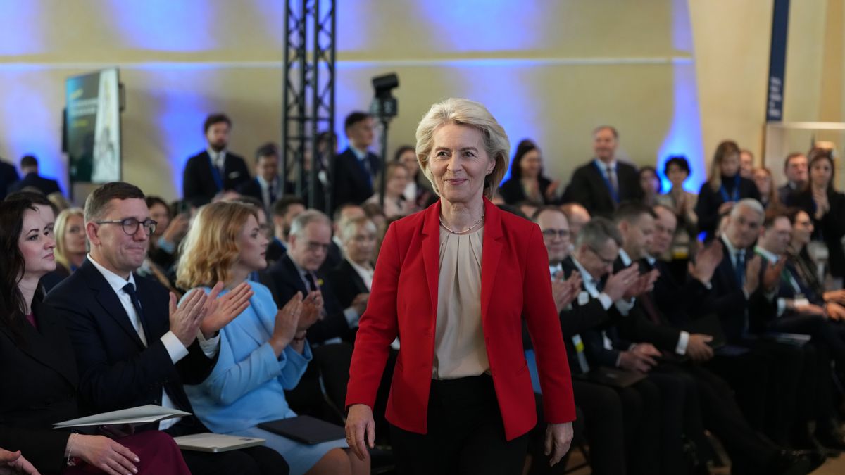 European Commission President Ursula von der Leyen prepares to address the audience during a high level event on the Eastern Border Regions Strategy at EU headquarters in Brussels, Thursday, Feb. 26, 2026. (AP Photo/Virginia Mayo)