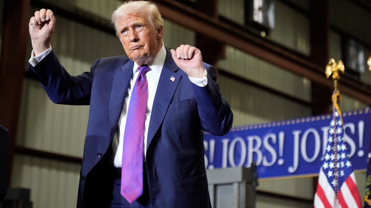 President Donald Trump dances after speaking at a rally at Coosa Steel Corporation in Rome, Ga., Thursday, Feb. 19, 2026. (AP Photo/Mark Schiefelbein)