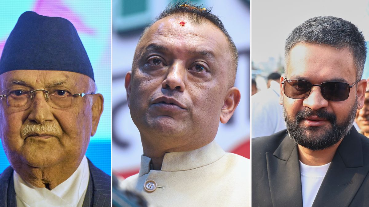 This combo of three photos show from left, Khadga Prassad Oli, president of Communist Party of Nepal (Unified Marxist–Leninist), Gagan Thapa, president of Nepali congress both taken in Katmandu, Feb.19, 2026 and former Kathmandu mayor Balendra Shah, of the Rastriya Swatantra Party, photo taken in Jhapa, Feb. 23, 2026, in Nepal. (AP Photos/Niranjan Shrestha/ Umesh Karki)