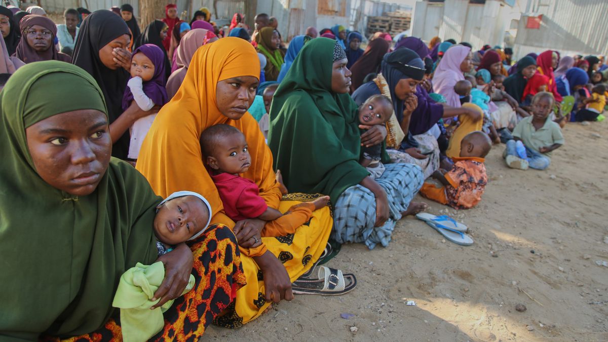 Somali women displaced by drought sit at Feynuus Nutrition Centre on the outskirts of Mogadishu, Aug 19, 2026