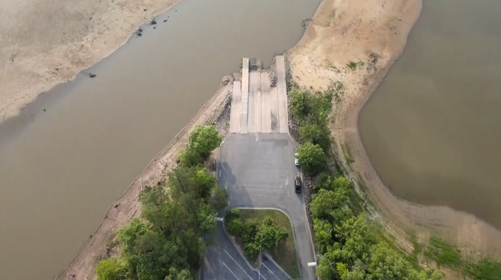 A look at drought conditions at Falls Lake above the Hickory Hill boat ramp in late June.