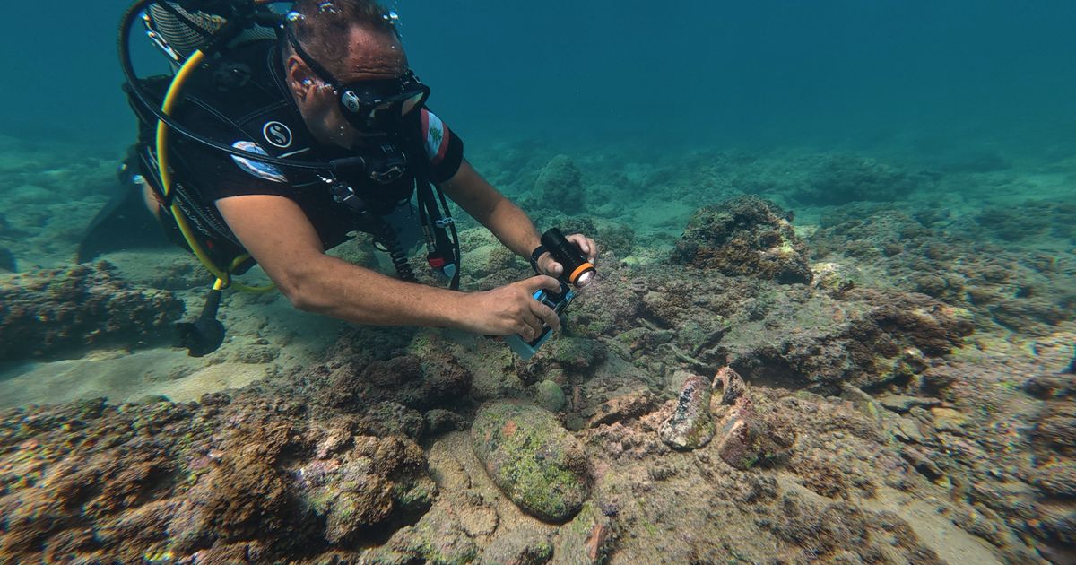 Manager of the Lebanon Diving Center, Youssef Jundi, takes video of pieces of ancient pottery at an archaeological site near
