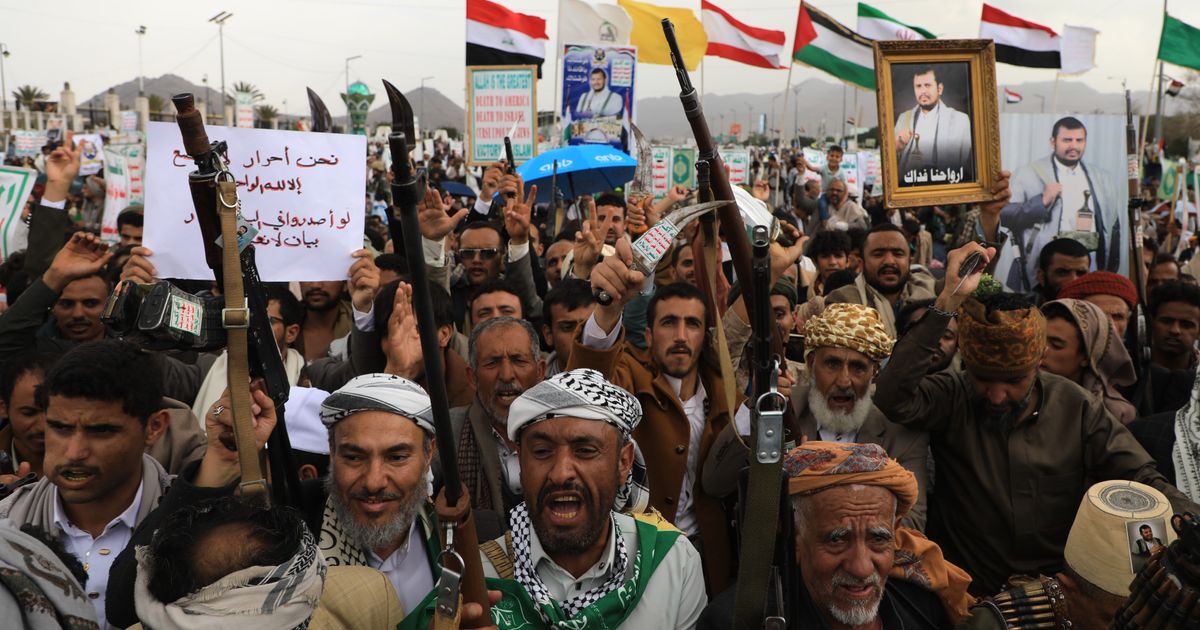 Houthi supporters chant slogans during a rally against the Saudi-led coalition in Sanaa, Yemen, Friday, July 31, 2026. (AP