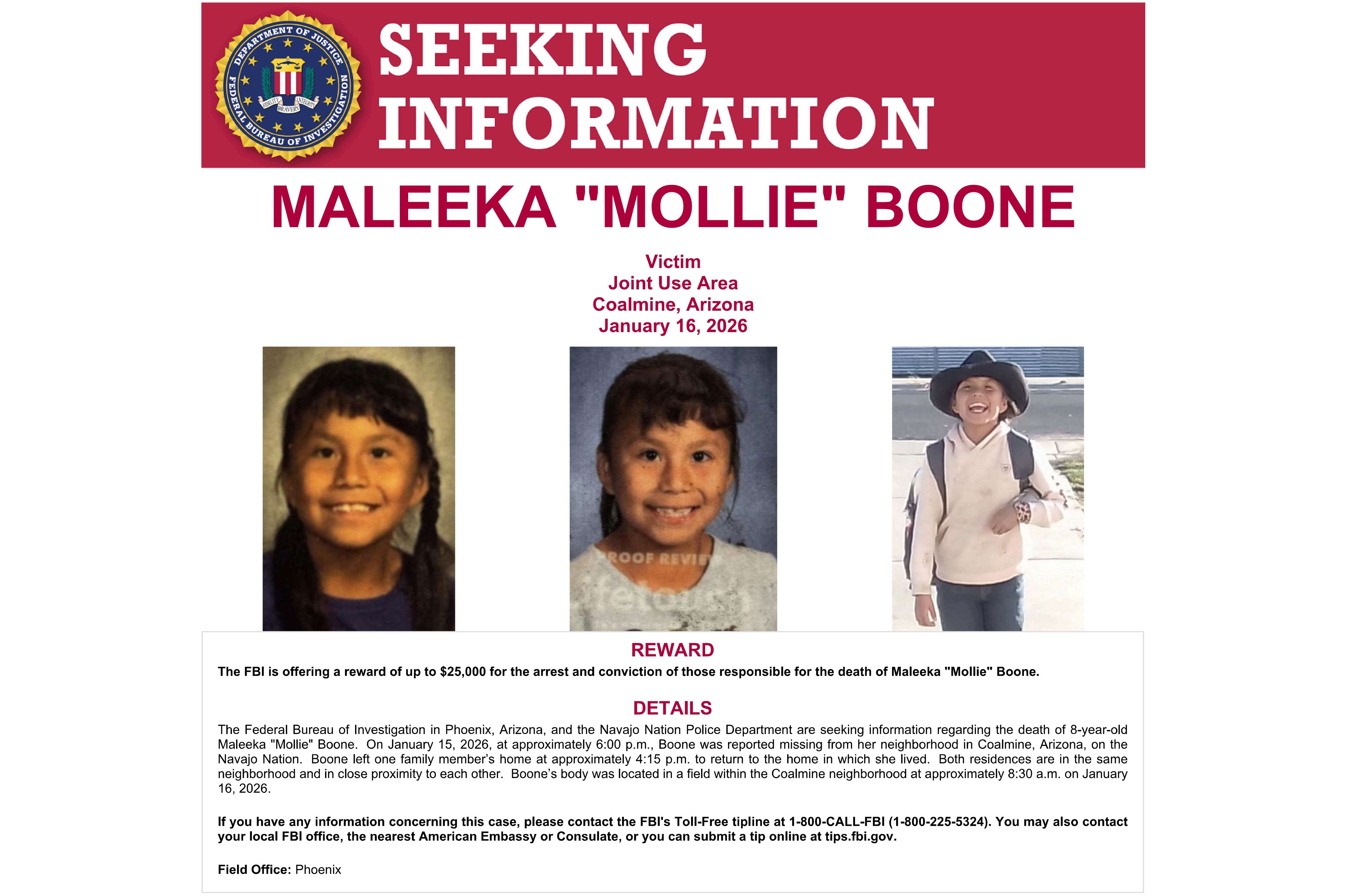 8-year-old whose body was found on tribal lands in Arizona was likely struck  by vehicle, FBI says :: WRAL.com