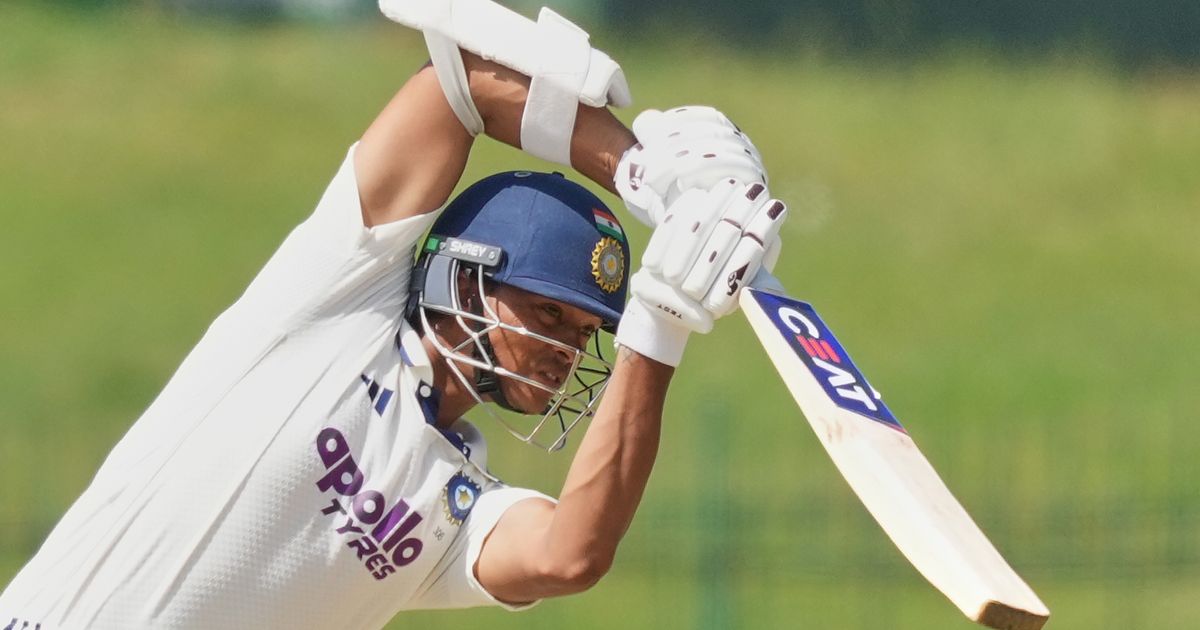 India's Yashasvi Jaiswal plays a shot during day one of the second cricket test match between Sri Lanka and India in