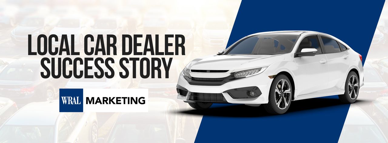 Local Car Dealer Success Story from WRAL Marketing - a white Honda sedan on a dealership lot