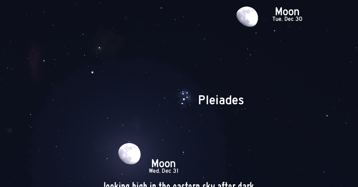 The nearly full moon shows the way to the Pleiades on New Years Eve
