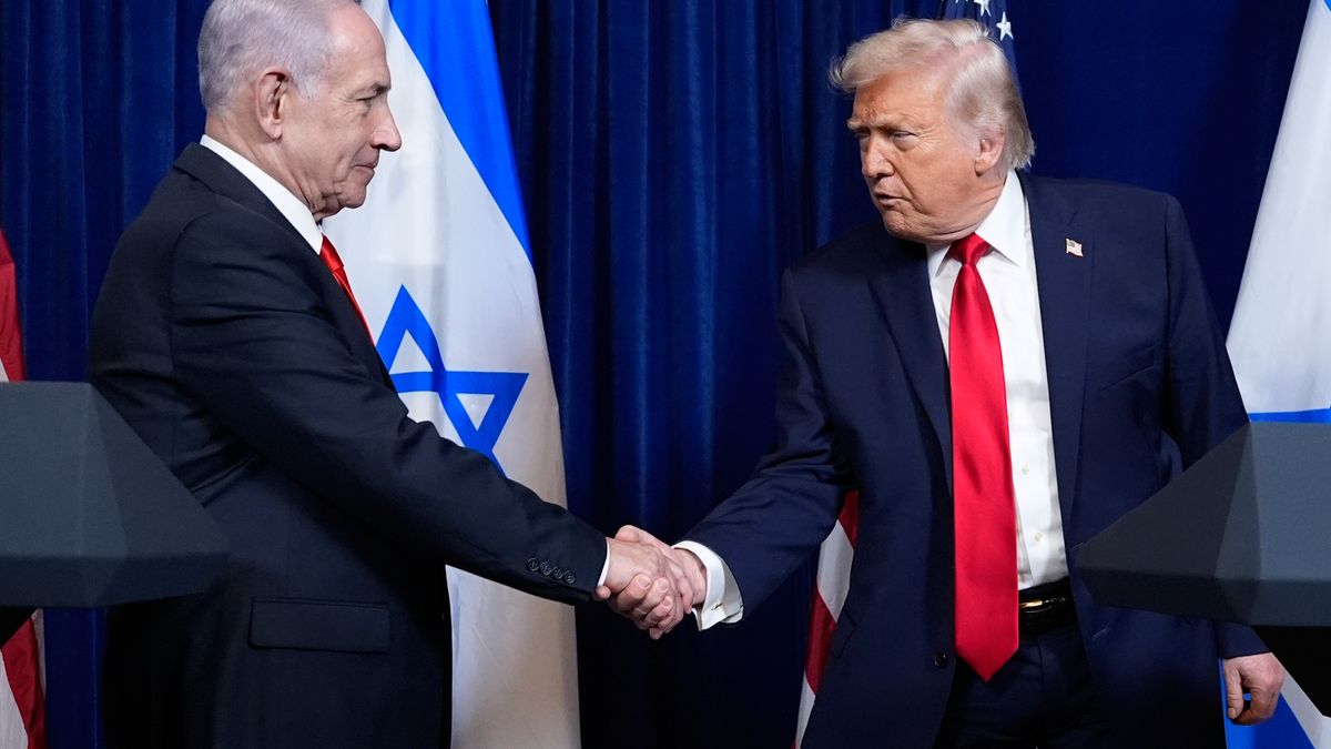 President Donald Trump shakes hands with Israel's Prime Minister Benjamin Netanyahu at the end of a news conference at Mar-a-Lago, Dec. 29, 2025, in Palm Beach, Fla. (AP Photo/Alex Brandon, File)